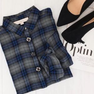 Loft Plaid button down shirt with jeweled detail